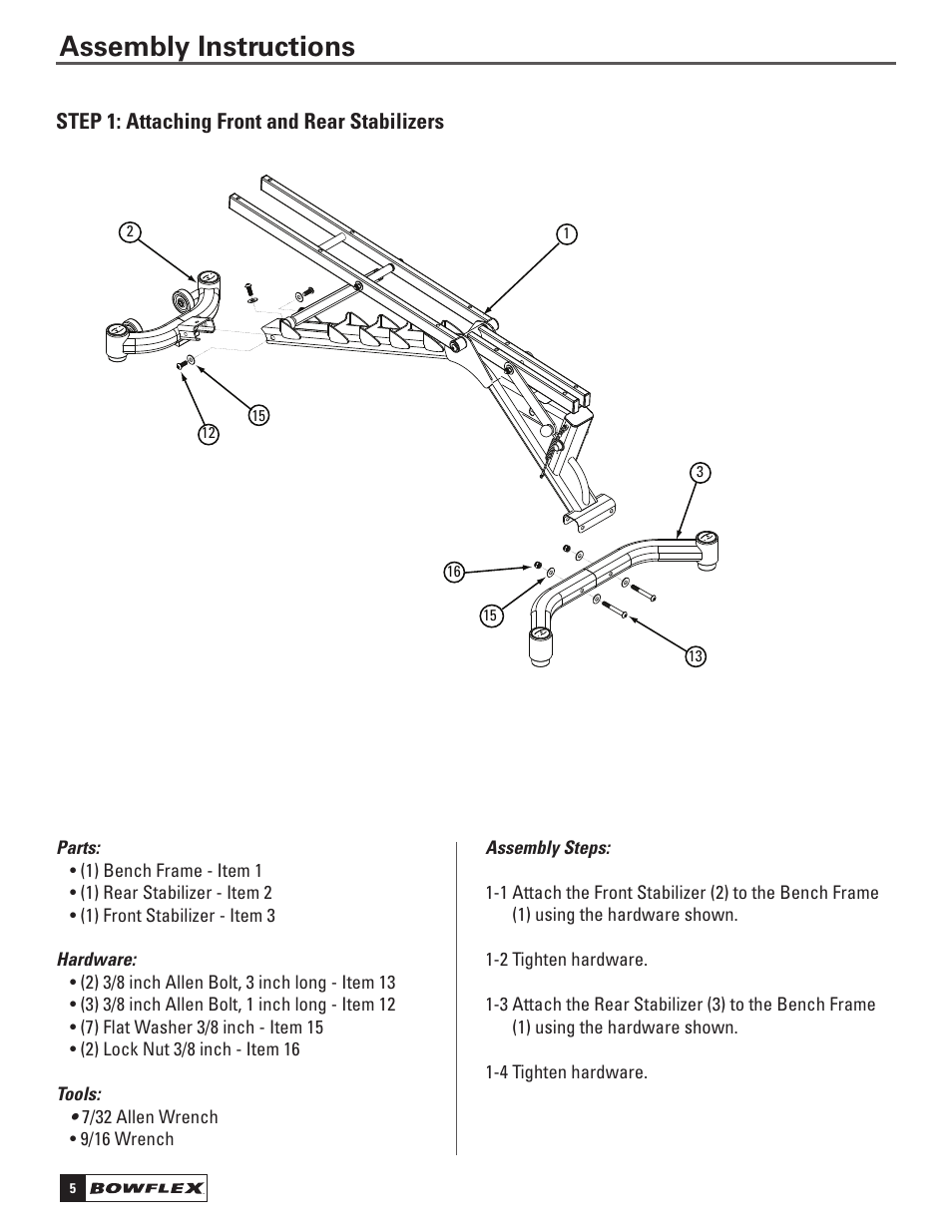 Assembly instructions, Step 1: attachng front and rear stablzers | Bowflex SelectTech 5.1 Bench User Manual | Page 8 / 20