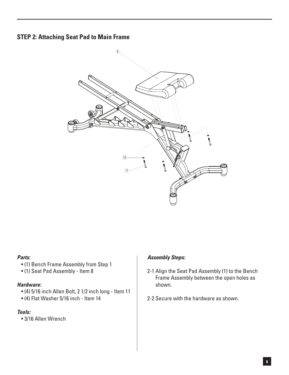 Step : attachng seat pad to man frame | Bowflex SelectTech 5.1 Bench User Manual | Page 9 / 20