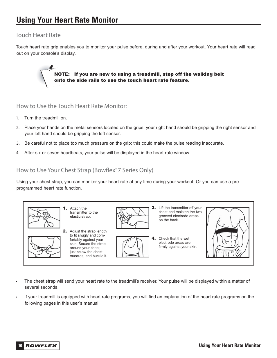 Using your heart rate monitor, Touch heart rate, How to use the touch heart rate monitor | How to use your chest strap (bowﬂ ex, 7 series only) | Bowflex Treadmills 5 Series User Manual | Page 10 / 36