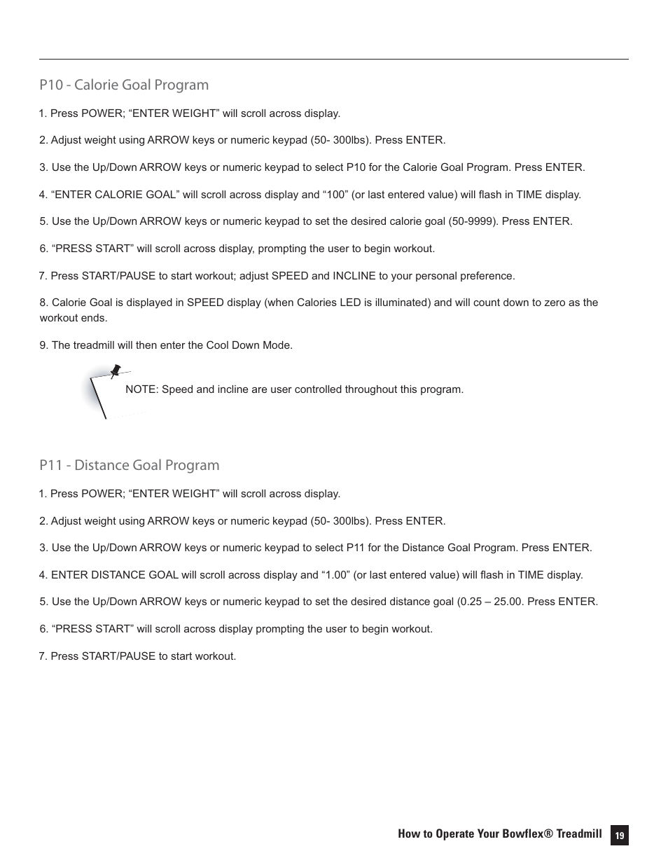 P10 - calorie goal program, P11 - distance goal program | Bowflex Treadmills 5 Series User Manual | Page 19 / 36