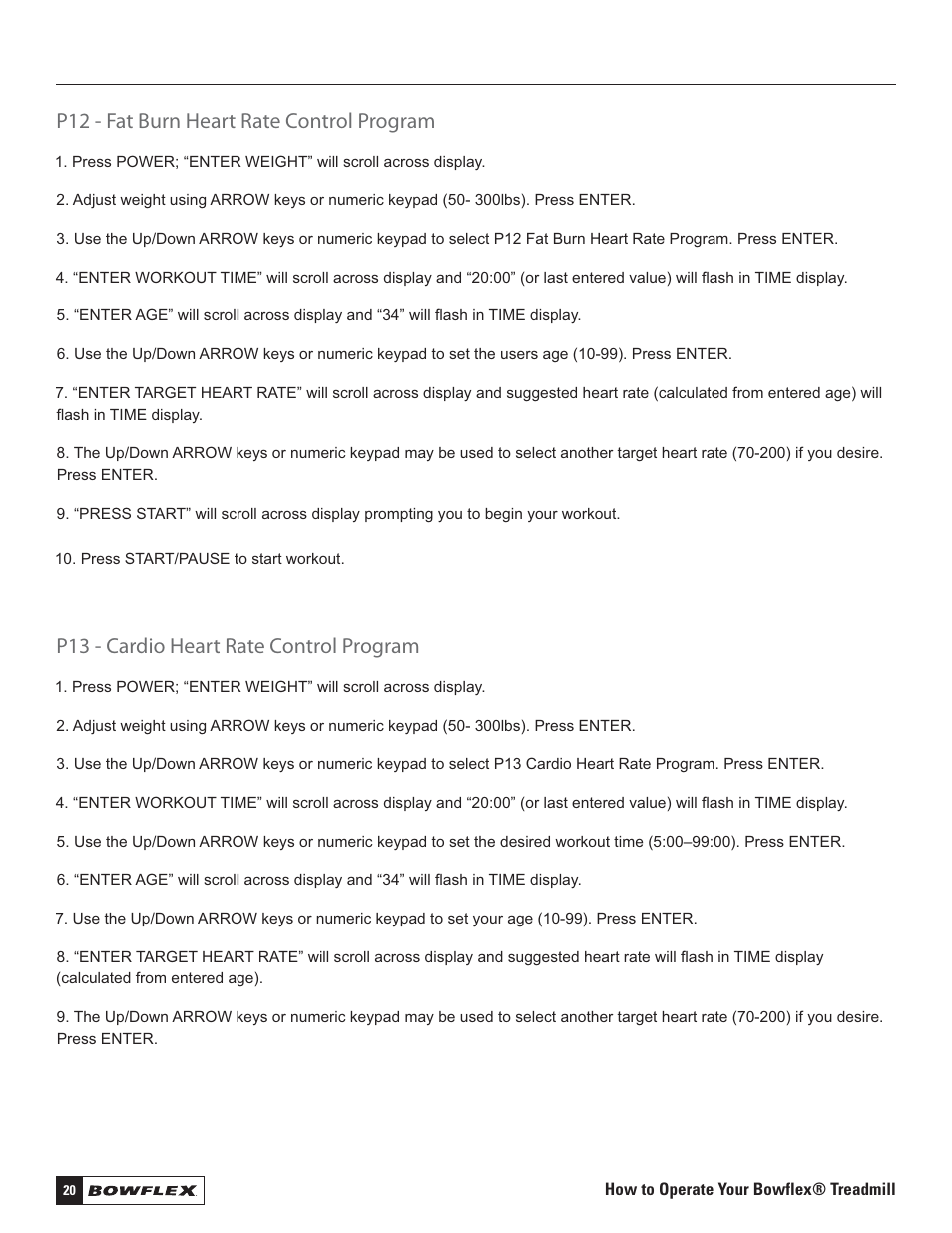 P12 - fat burn heart rate control program, P13 - cardio heart rate control program | Bowflex Treadmills 5 Series User Manual | Page 20 / 36