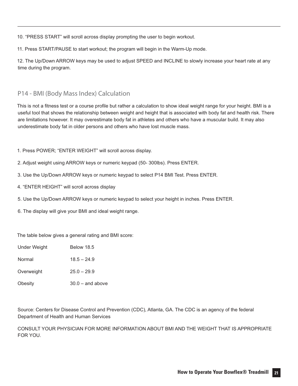 P14 - bmi (body mass index) calculation | Bowflex Treadmills 5 Series User Manual | Page 21 / 36
