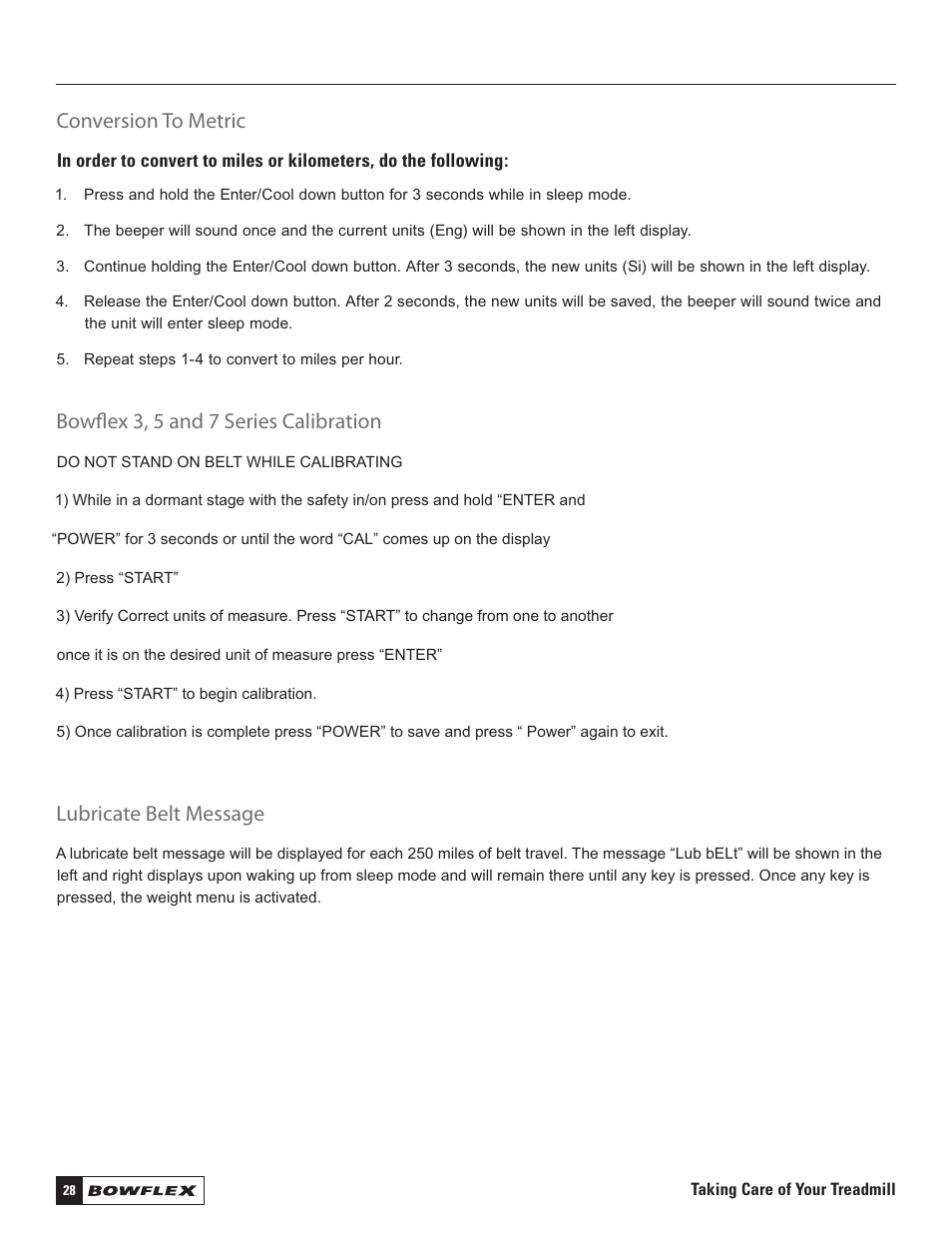 Conversion to metric, Bowﬂ ex 3, 5 and 7 series calibration, Lubricate belt message | Bowflex Treadmills 5 Series User Manual | Page 28 / 36