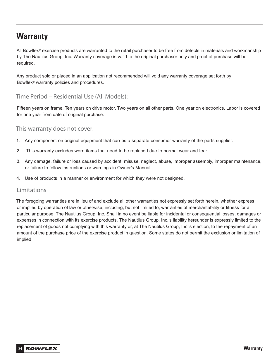 Warranty, Time period – residential use (all models), This warranty does not cover | Limitations | Bowflex Treadmills 5 Series User Manual | Page 34 / 36