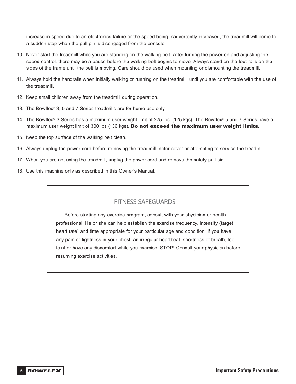 Fitness safeguards | Bowflex Treadmills 5 Series User Manual | Page 6 / 36