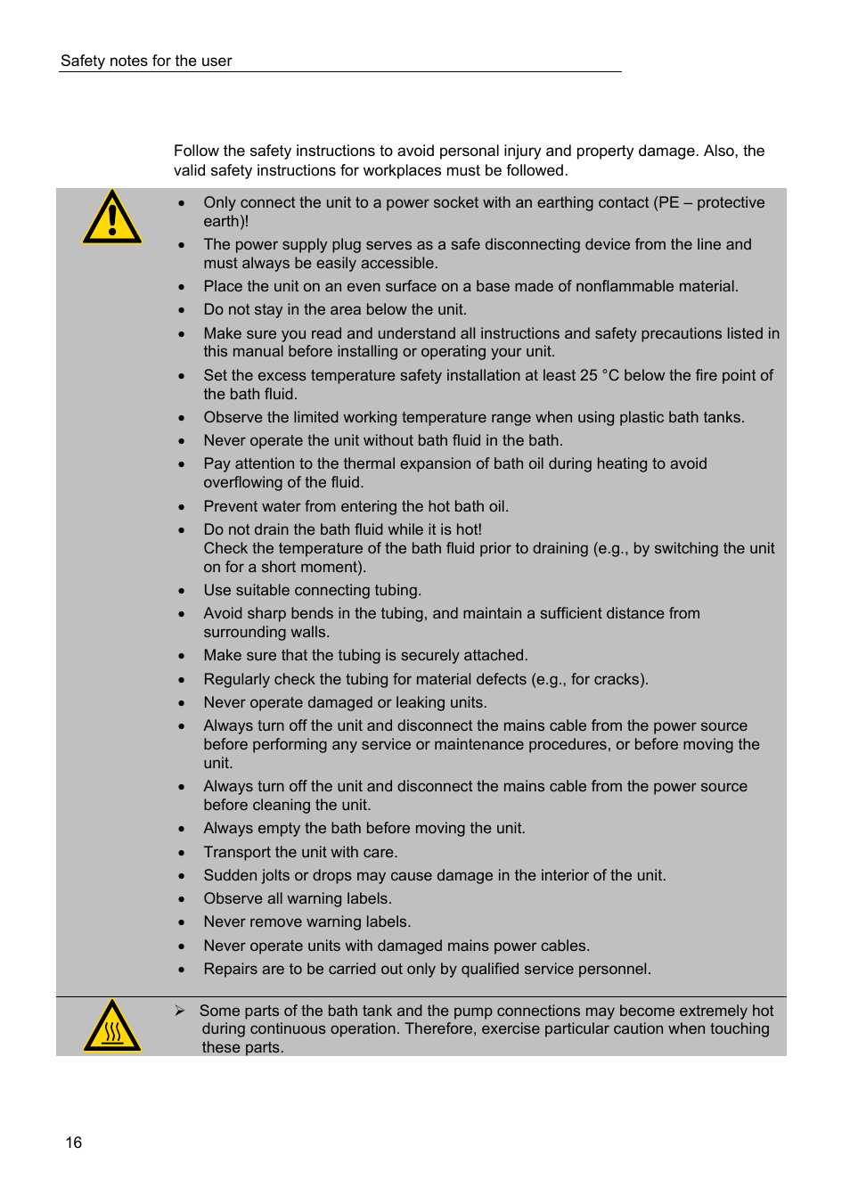 Safety recommendations | JULABO FW95-SL Ultra-Low Refrigerated Circulator User Manual | Page 16 / 93