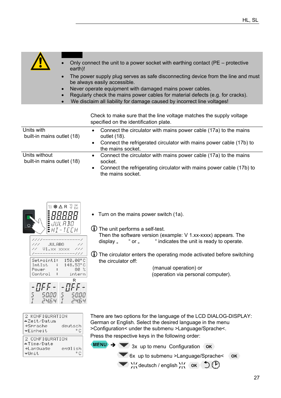 Operating procedures 6.1. power connection, Switching on / selecting the language | JULABO FW95-SL Ultra-Low Refrigerated Circulator User Manual | Page 27 / 93
