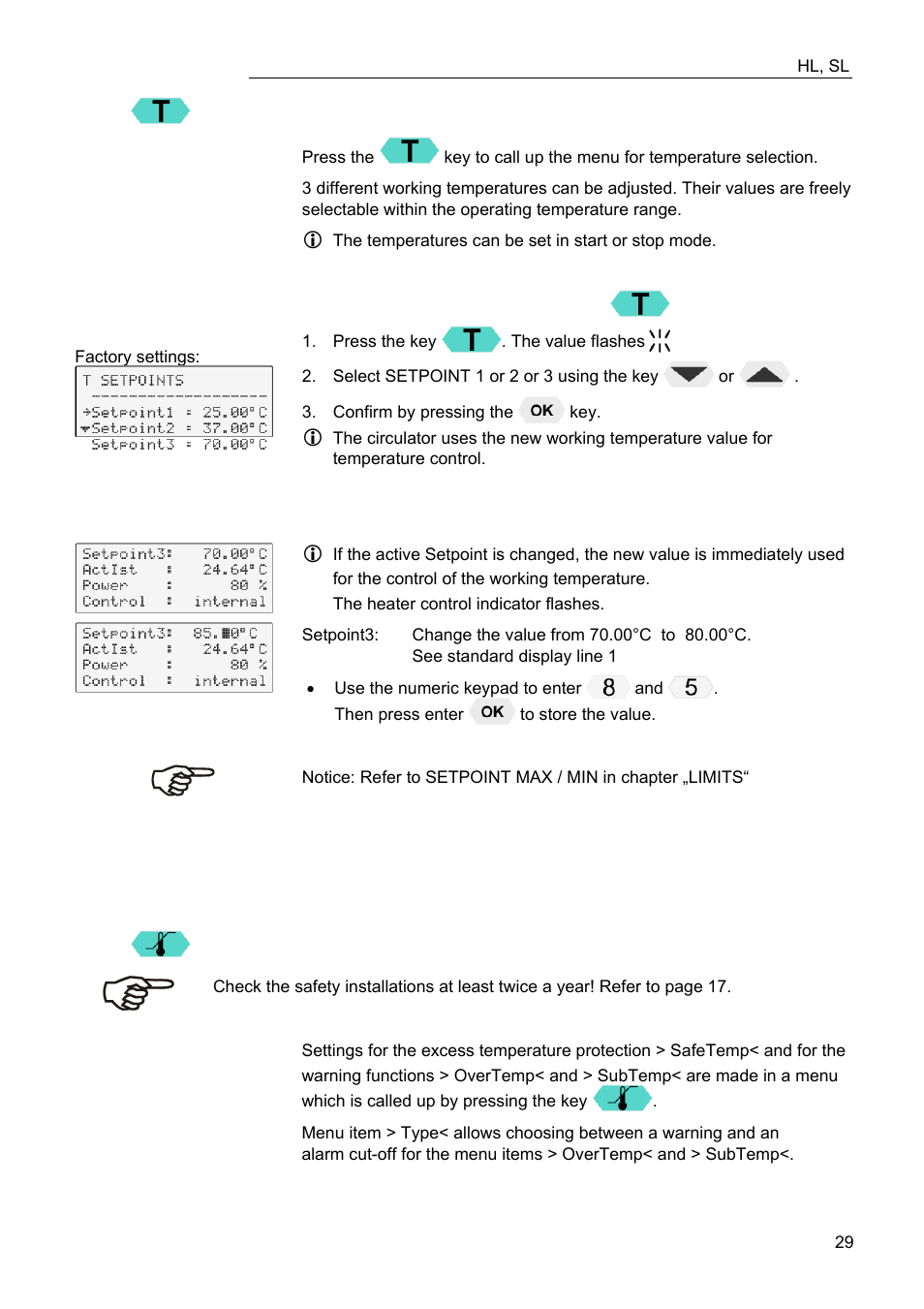 Setting of temperatures, Safety installations, warning functions | JULABO FW95-SL Ultra-Low Refrigerated Circulator User Manual | Page 29 / 93