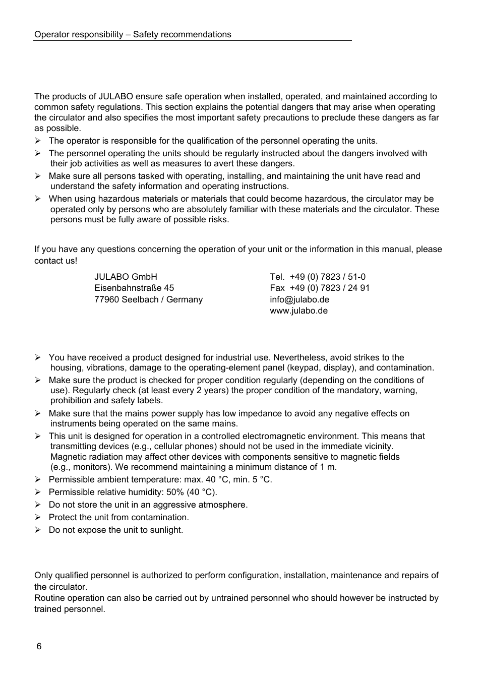 Operator responsibility – safety recommendations | JULABO FW95-SL Ultra-Low Refrigerated Circulator User Manual | Page 6 / 93