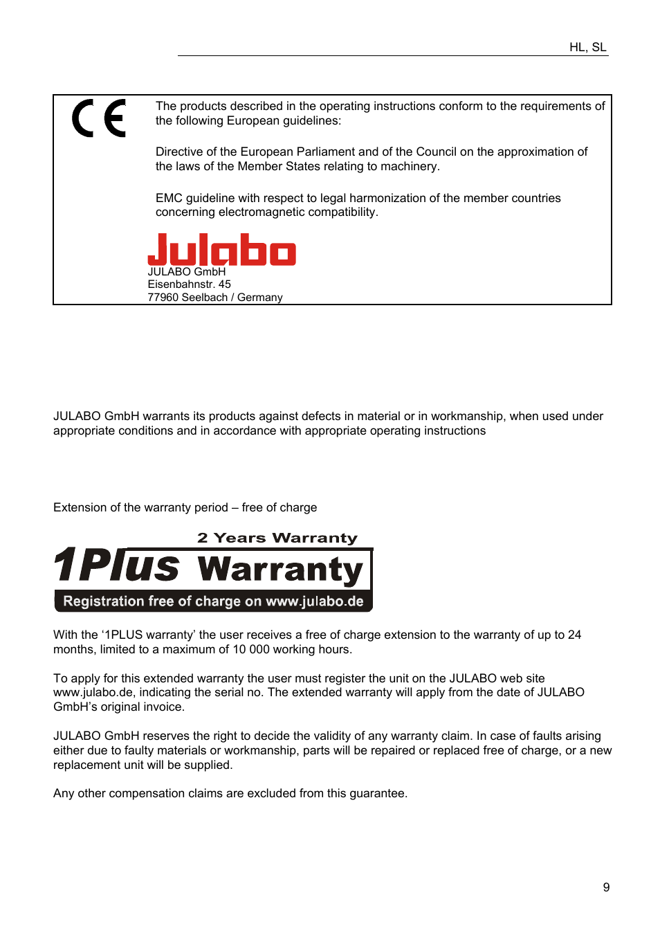 Ec conformity, Warranty conditions | JULABO FW95-SL Ultra-Low Refrigerated Circulator User Manual | Page 9 / 93