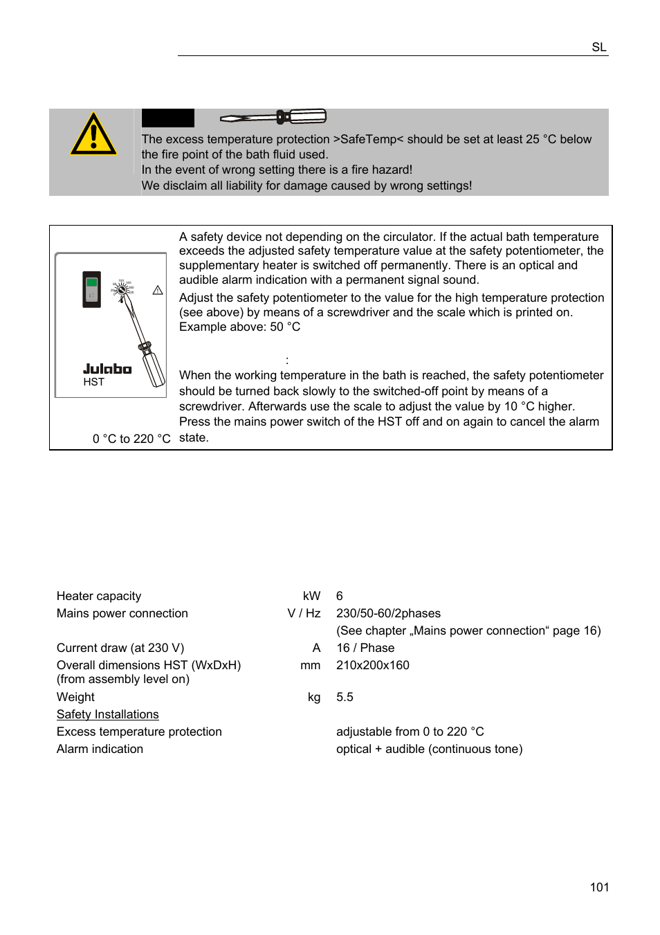 Technical specifications - hst booster heater | JULABO FPW91-SL Ultra-Low Refrigerated Circulators User Manual | Page 101 / 103