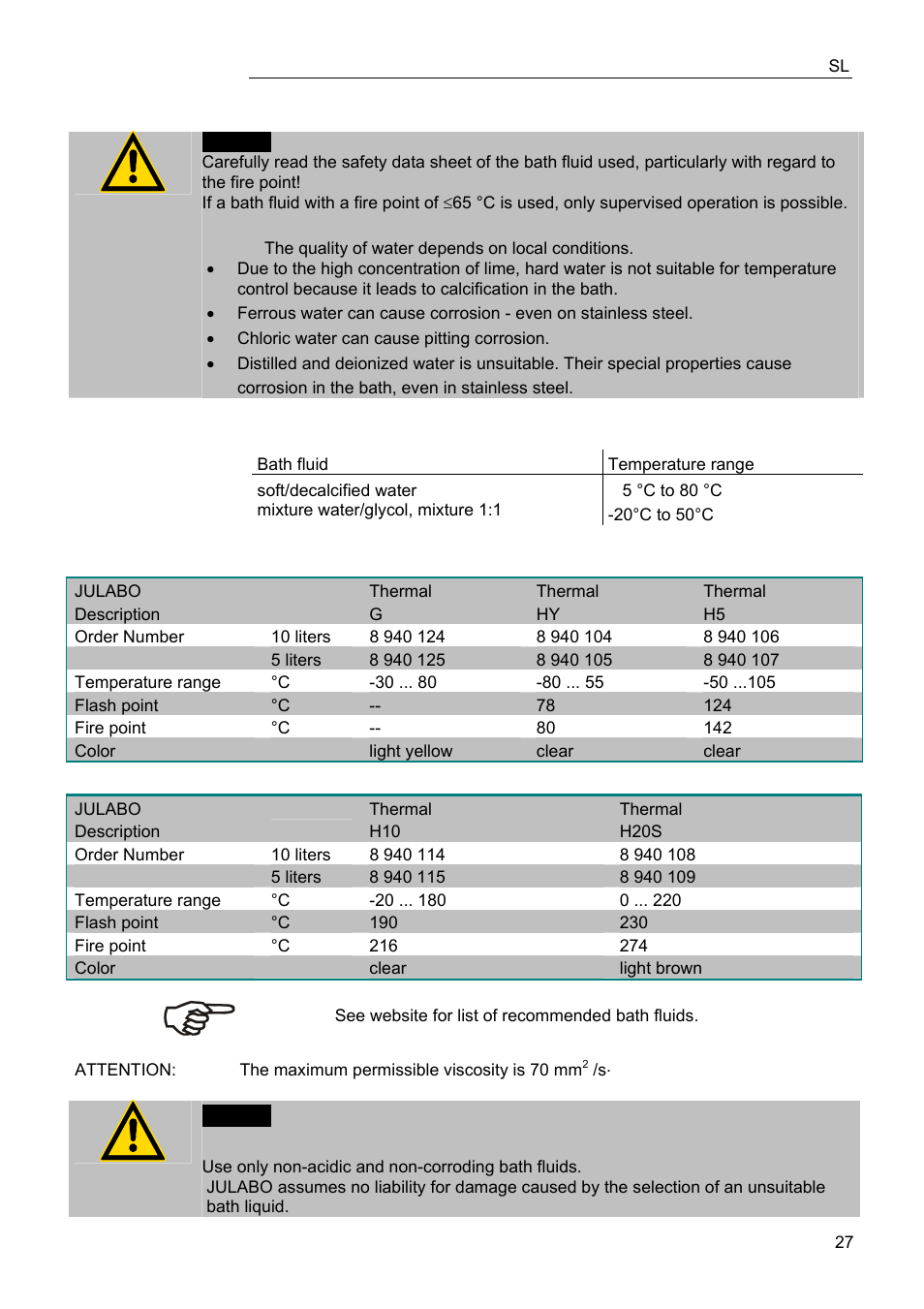 Bath fluids | JULABO FPW91-SL Ultra-Low Refrigerated Circulators User Manual | Page 27 / 103