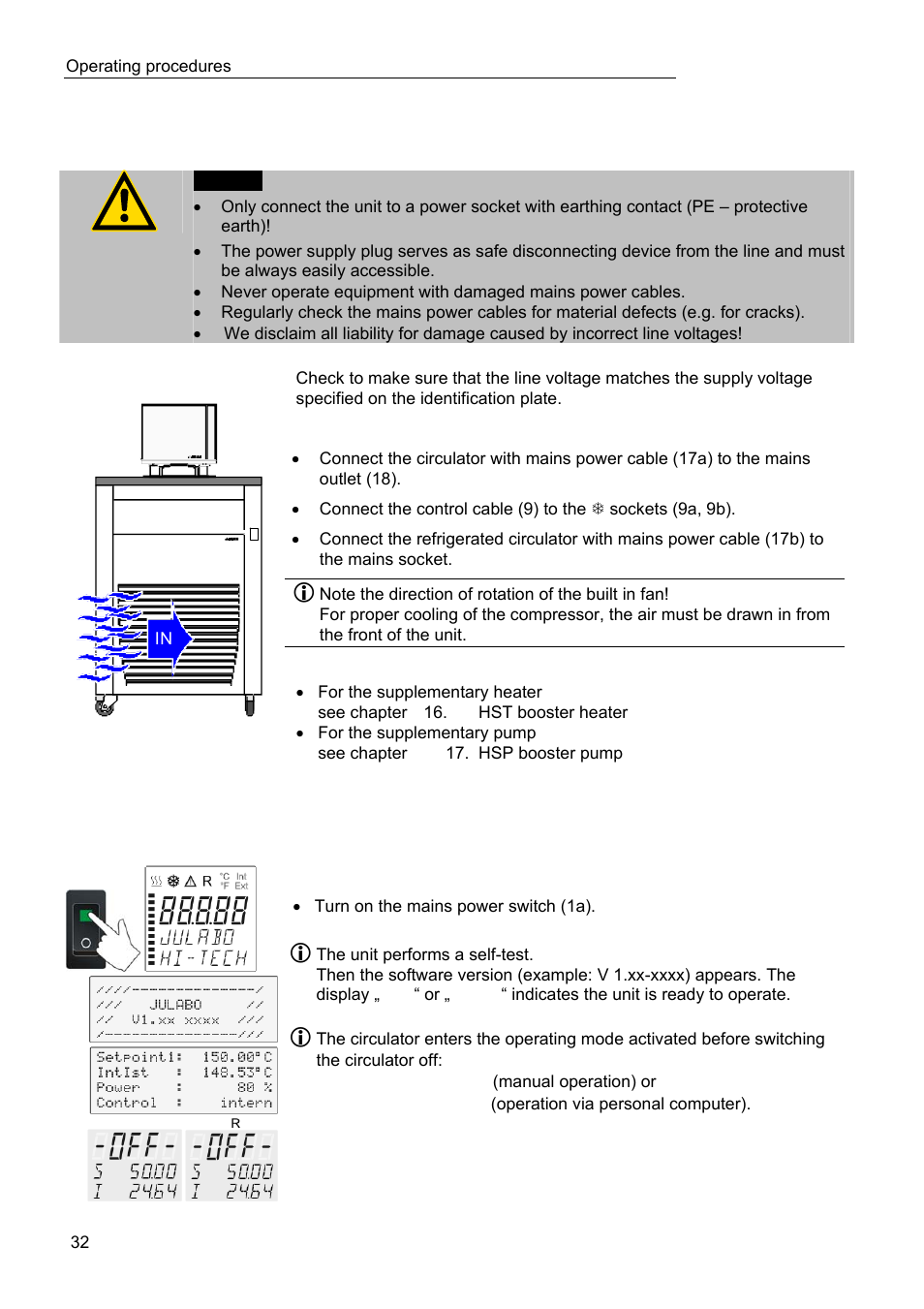 Operating procedures 6.1. power connection, Switching on / selecting the language | JULABO FPW91-SL Ultra-Low Refrigerated Circulators User Manual | Page 32 / 103
