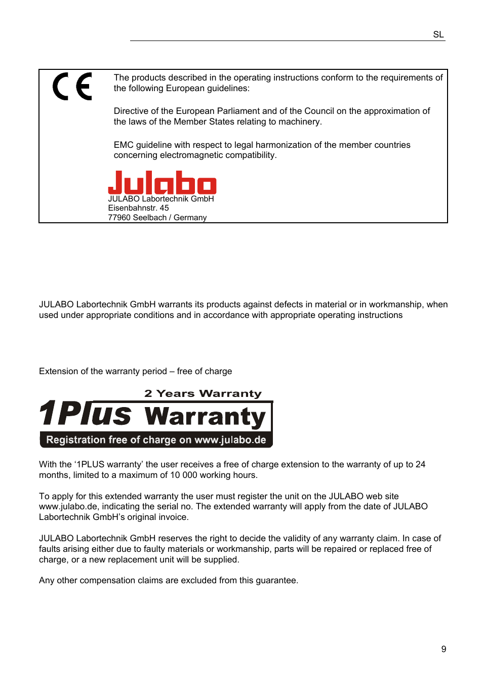 Ec conformity, Warranty conditions | JULABO FPW91-SL Ultra-Low Refrigerated Circulators User Manual | Page 9 / 103