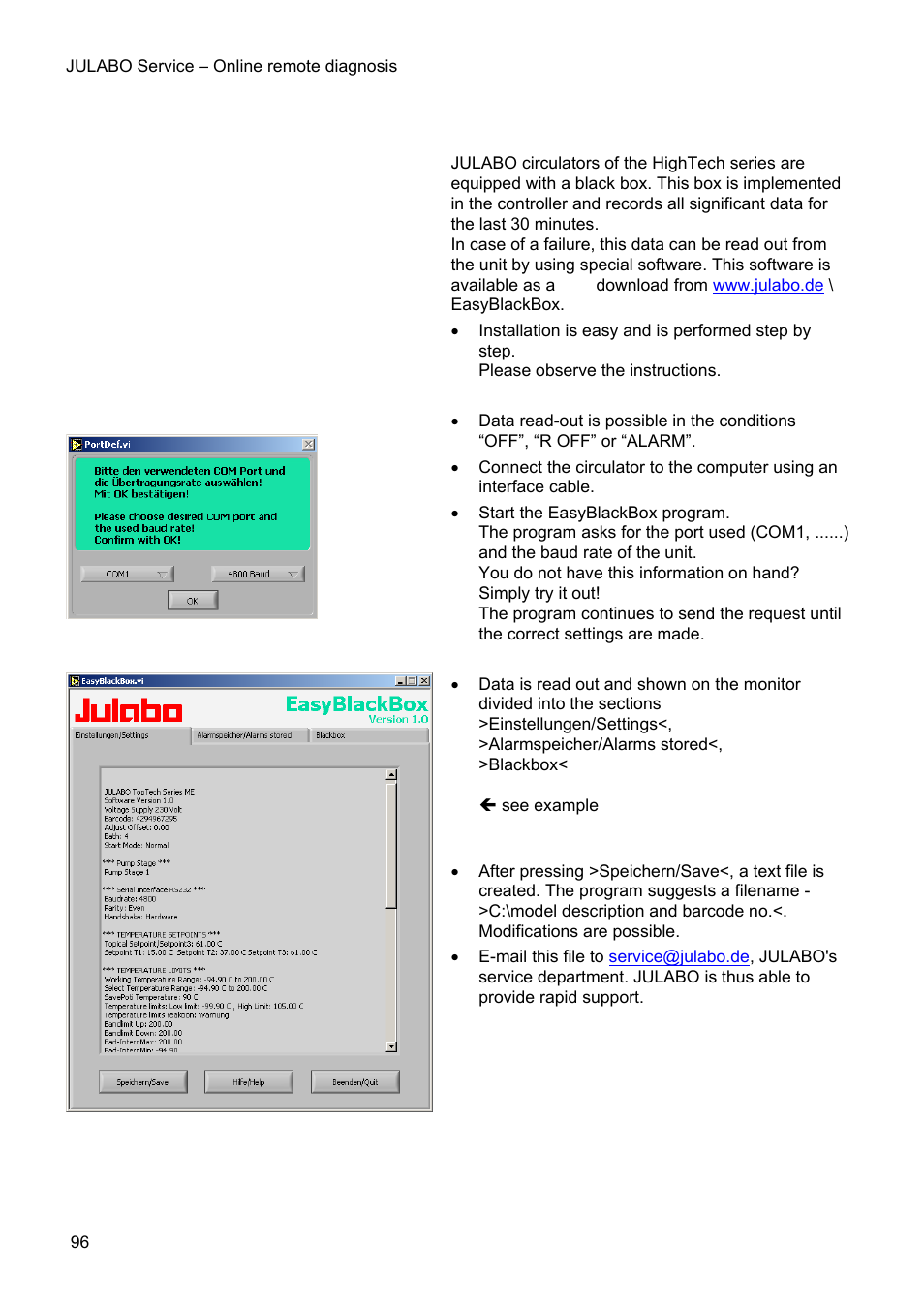 Julabo service – online remote diagnosis | JULABO FPW91-SL Ultra-Low Refrigerated Circulators User Manual | Page 96 / 103