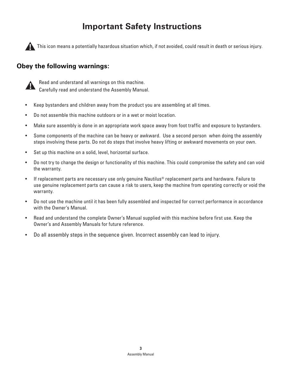 Important safety instructions, Obey the following warnings | Bowflex PR1000 User Manual | Page 3 / 28