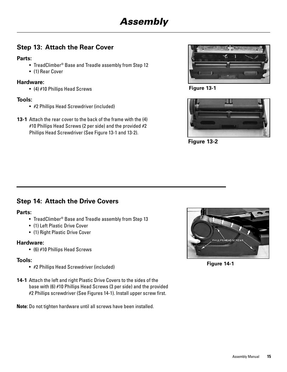 Assembly, Step 13: attach the rear cover, Step 14: attach the drive covers | Bowflex TreadClimber 3000 User Manual | Page 19 / 28