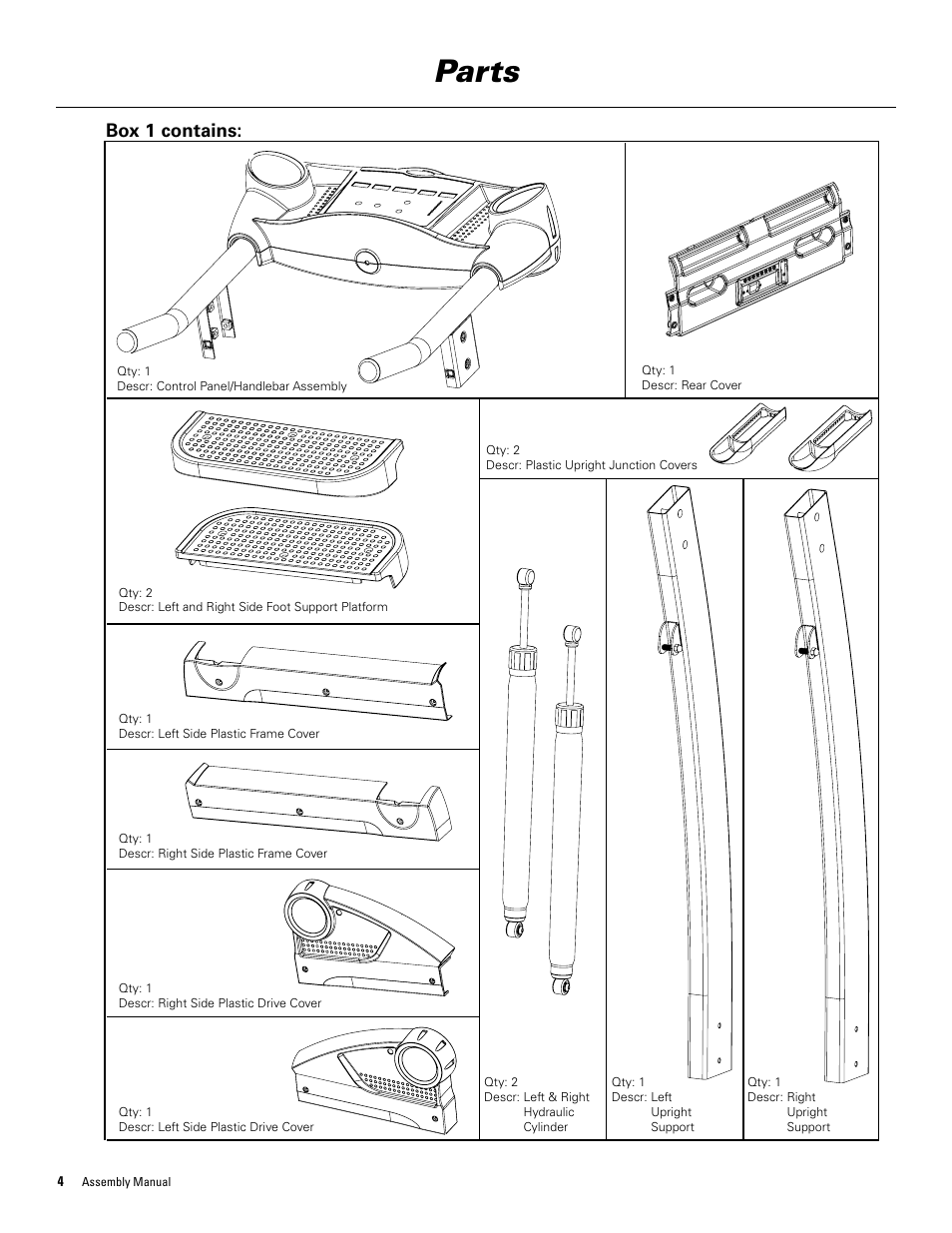 Parts, Box 1 contains | Bowflex TreadClimber 3000 User Manual | Page 8 / 28