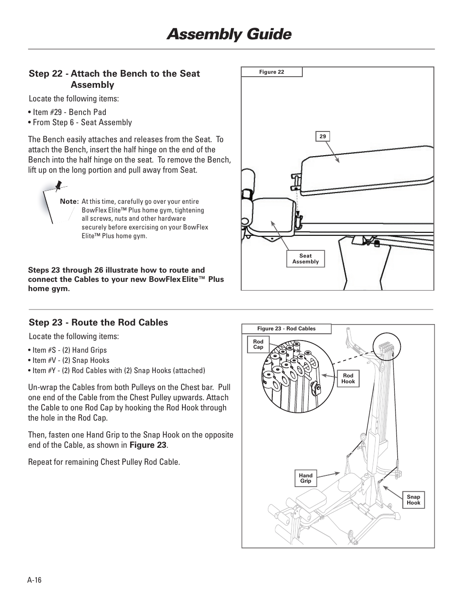 Assembly guide, Step 22 - attach the bench to the seat assembly, Step 23 - route the rod cables | Bowflex Elite™ Plus home gym User Manual | Page 18 / 94