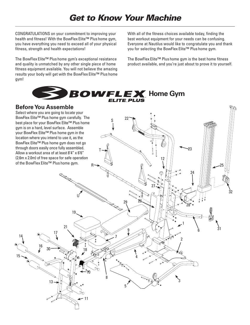 Get to know your machine, Home gym, Before you assemble | Bowflex Elite™ Plus home gym User Manual | Page 2 / 94