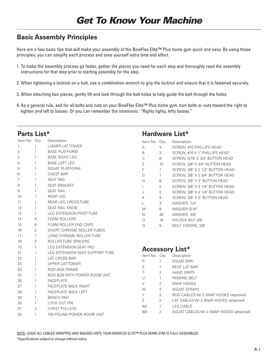 Get to know your machine, Parts list, Hardware list | Accessory list, Basic assembly principles | Bowflex Elite™ Plus home gym User Manual | Page 3 / 94