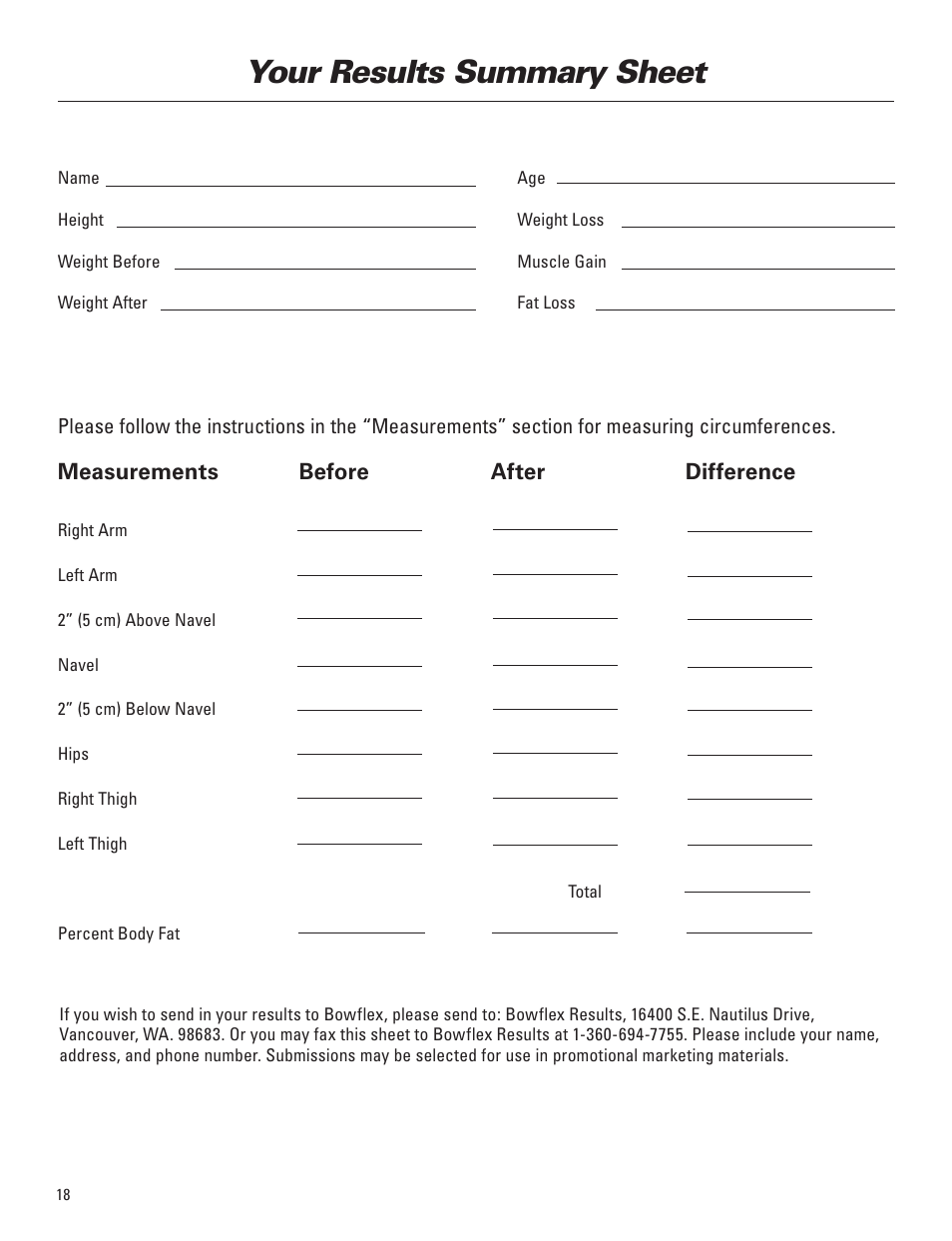 Your results summary sheet, Measurements, Before after | Difference | Bowflex Elite™ Plus home gym User Manual | Page 42 / 94