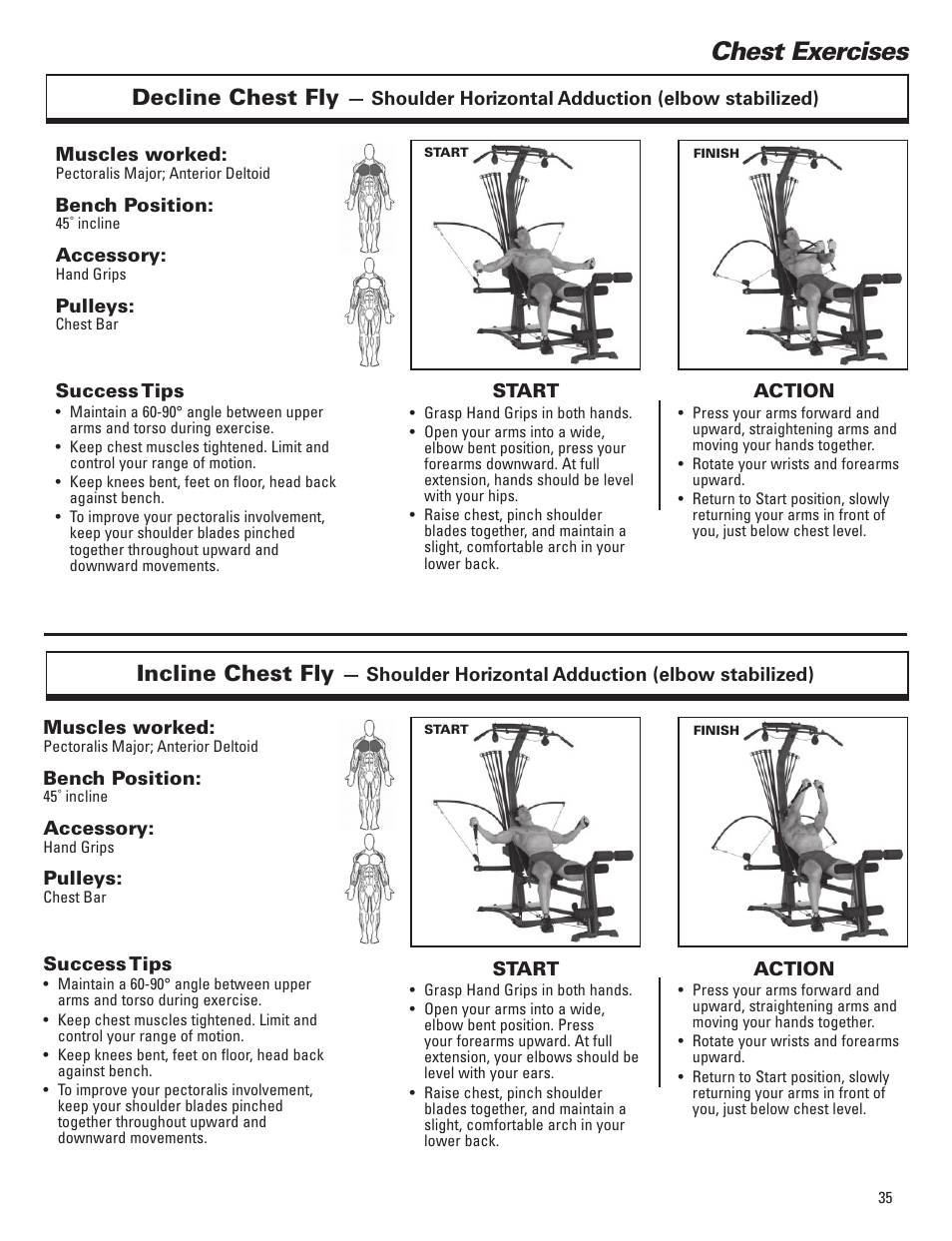 Chest exercises, Decline chest fly, Incline chest fly | Bowflex Elite™ Plus home gym User Manual | Page 59 / 94