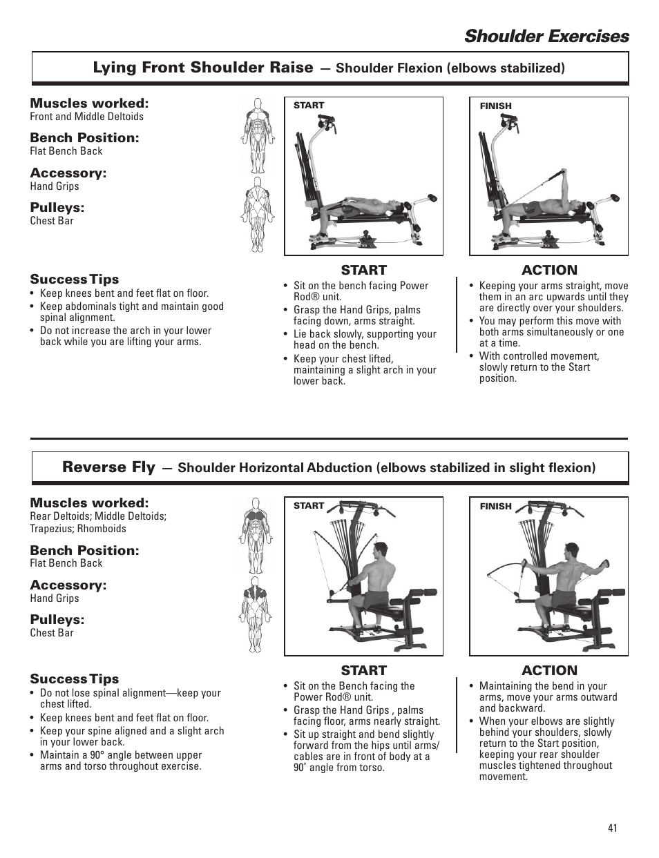 Shoulder exercises, Lying front shoulder raise, Reverse fly | Bowflex Elite™ Plus home gym User Manual | Page 65 / 94