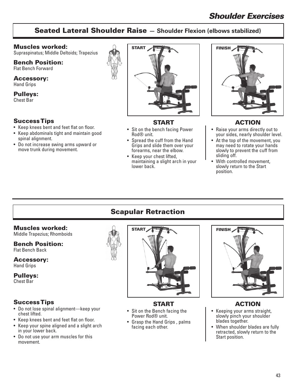 Shoulder exercises, Seated lateral shoulder raise, Scapular retraction | Bowflex Elite™ Plus home gym User Manual | Page 67 / 94