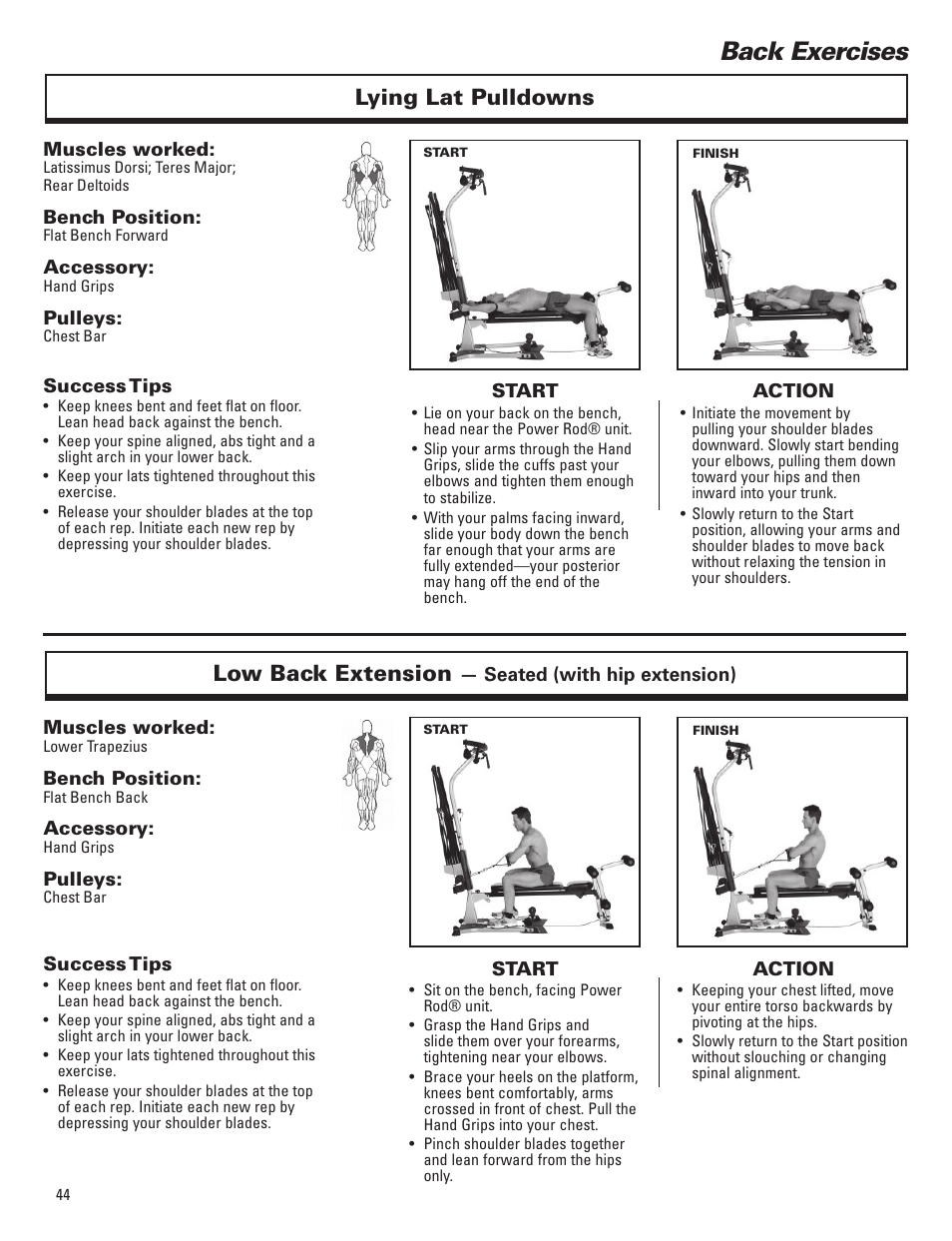 Back exercises, Lying lat pulldowns low back extension | Bowflex Elite™ Plus home gym User Manual | Page 68 / 94