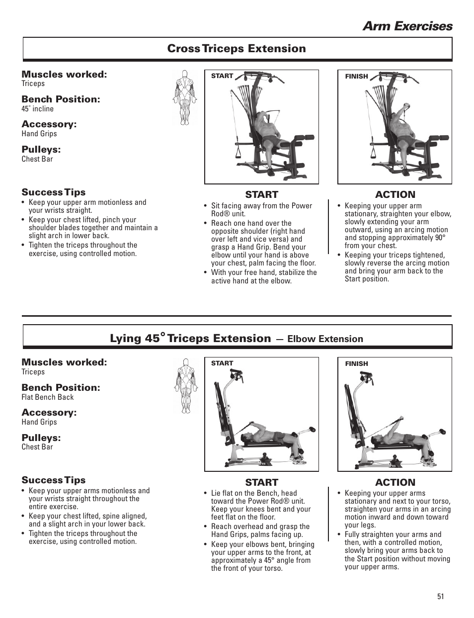 Arm exercises, Cross triceps extension lying 45, Triceps extension | Bowflex Elite™ Plus home gym User Manual | Page 75 / 94