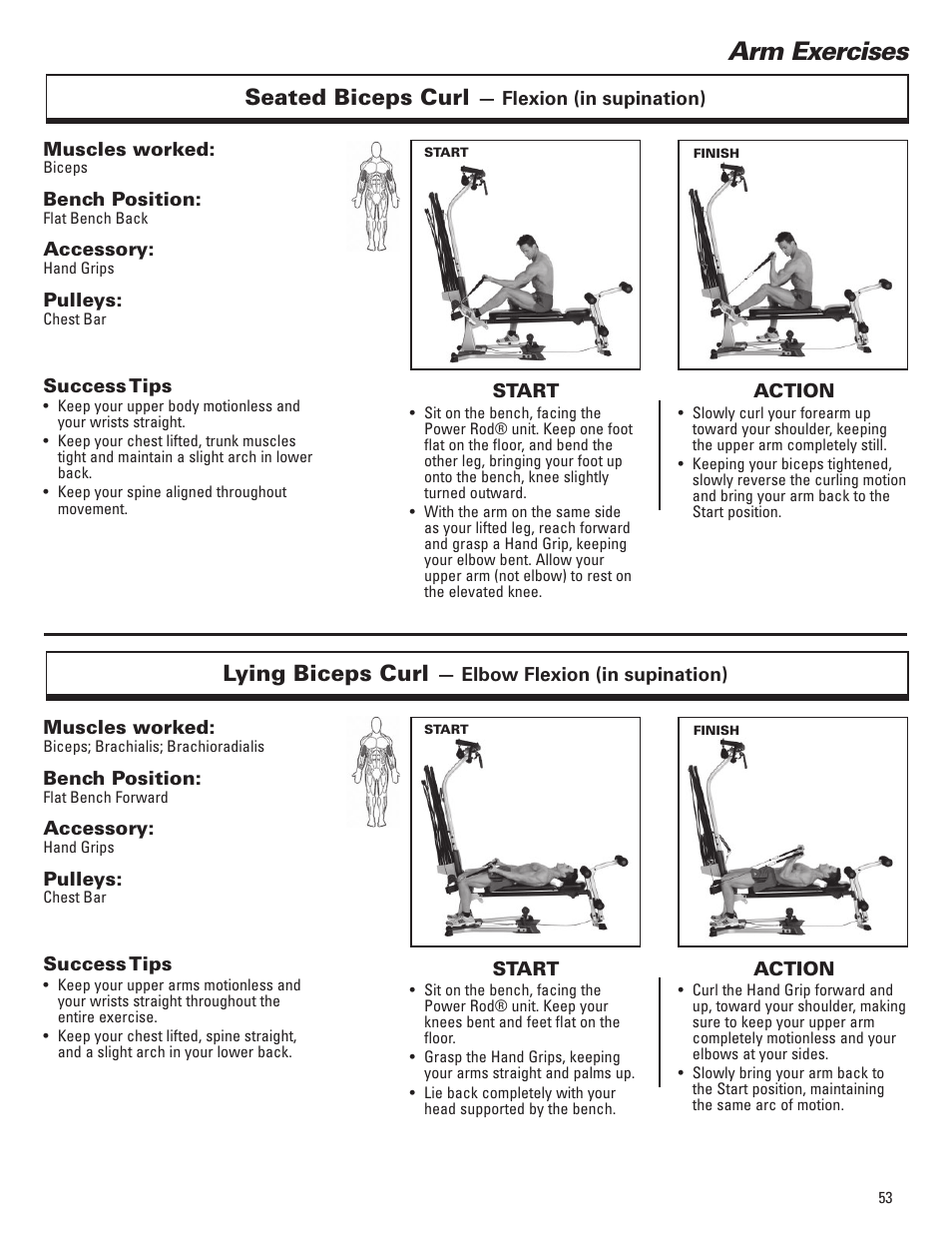 Arm exercises, Seated biceps curl, Lying biceps curl | Bowflex Elite™ Plus home gym User Manual | Page 77 / 94