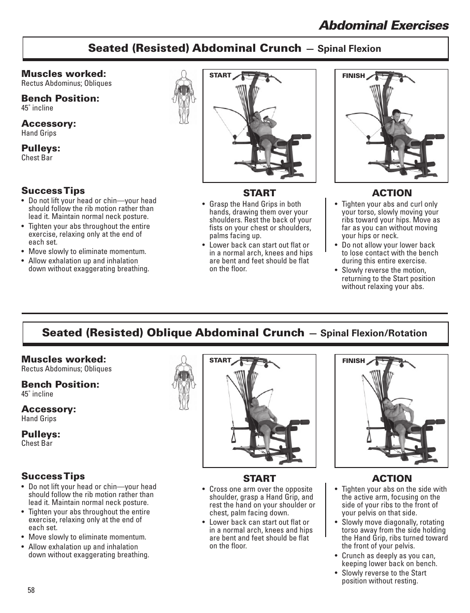 Abdominal exercises, Seated (resisted) abdominal crunch, Seated (resisted) oblique abdominal crunch | Bowflex Elite™ Plus home gym User Manual | Page 82 / 94