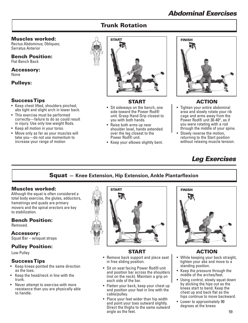 Abdominal exercises, Leg exercises, Trunk rotation | Squat | Bowflex Elite™ Plus home gym User Manual | Page 83 / 94