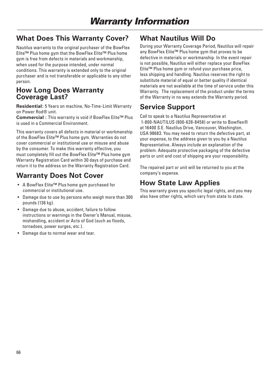 Warranty information, What does this warranty cover, How long does warranty coverage last | Warranty does not cover, What nautilus will do, Service support, How state law applies | Bowflex Elite™ Plus home gym User Manual | Page 90 / 94