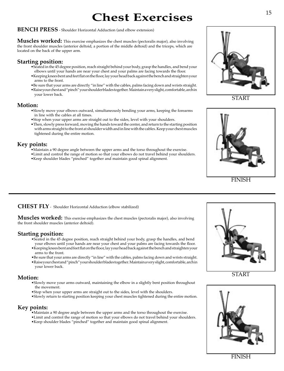 Chest exercises, 15 chest fly, Muscles worked | Starting position, Motion, Key points, Finish start finish start bench press | Bowflex Motivator Strength Training System User Manual | Page 17 / 48