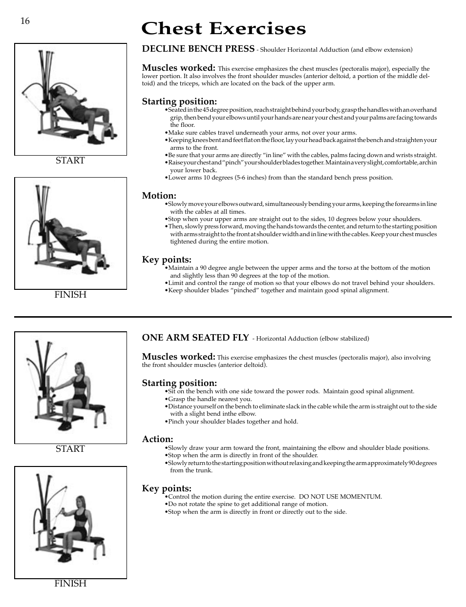 Chest exercises, One arm seated fly, Muscles worked | Starting position, Action, Key points, Finish start finish start 16 decline bench press, Motion | Bowflex Motivator Strength Training System User Manual | Page 18 / 48