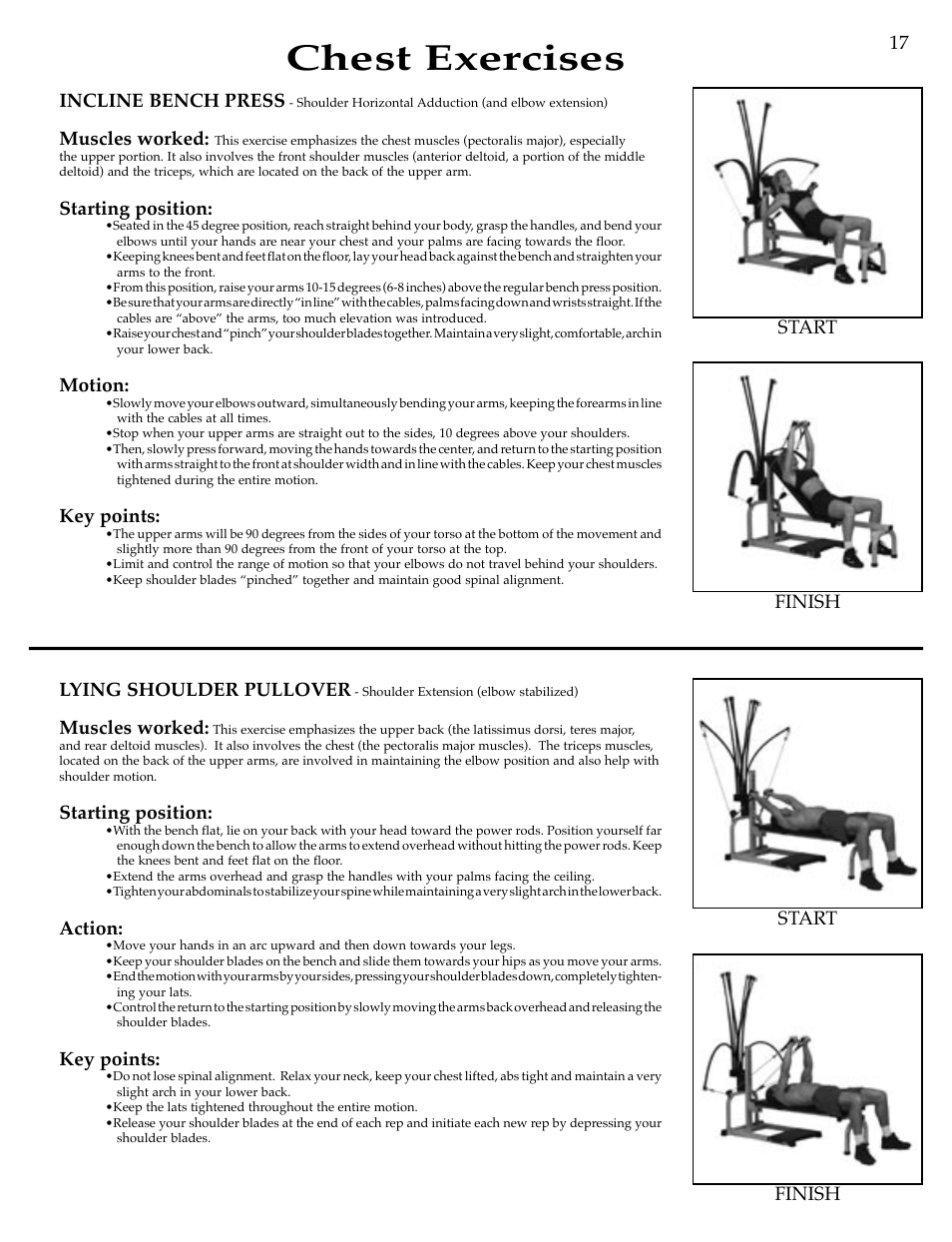 Chest exercises, Finish start 17 incline bench press, Muscles worked | Starting position, Motion, Key points, Finish start lying shoulder pullover, Action | Bowflex Motivator Strength Training System User Manual | Page 19 / 48