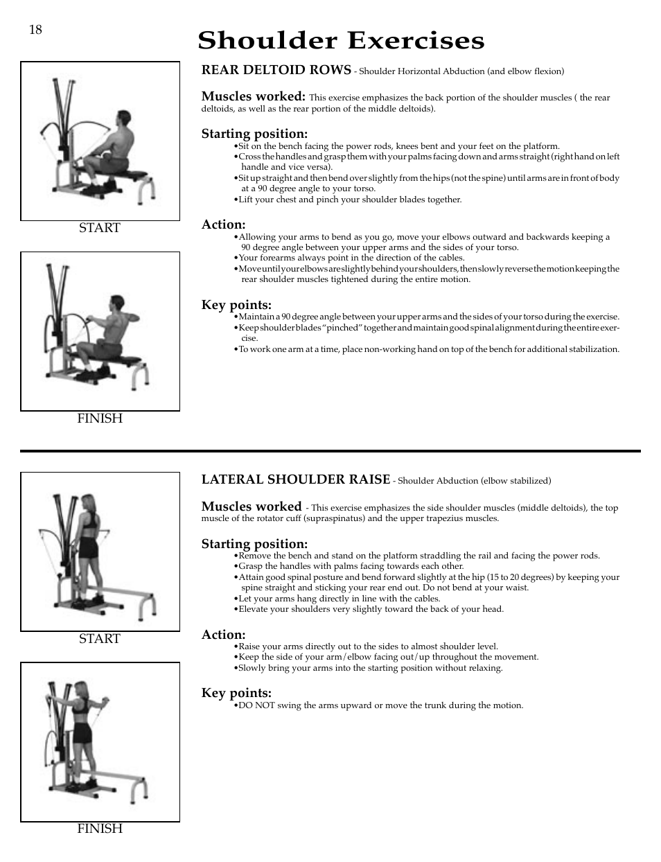 Shoulder exercises, Finish start, 18 finish start rear deltoid rows | Muscles worked, Starting position, Action, Key points, Lateral shoulder raise | Bowflex Motivator Strength Training System User Manual | Page 20 / 48