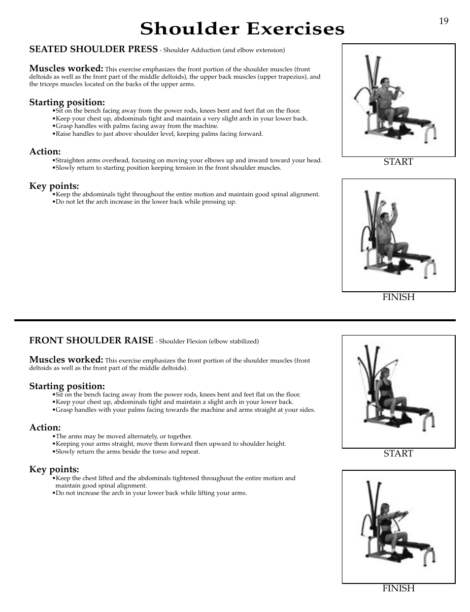 Shoulder exercises, Seated shoulder press, Muscles worked | Starting position, Action, Key points, Front shoulder raise, Finish start finish start 19 | Bowflex Motivator Strength Training System User Manual | Page 21 / 48