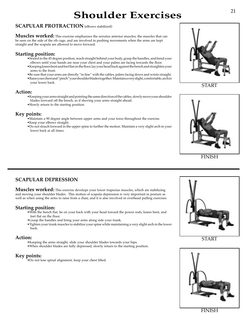 Shoulder exercises, Scapular depression muscles worked, Starting position | Action, Key points, Scapular protraction, Muscles worked, Finish start finish start 21 | Bowflex Motivator Strength Training System User Manual | Page 23 / 48