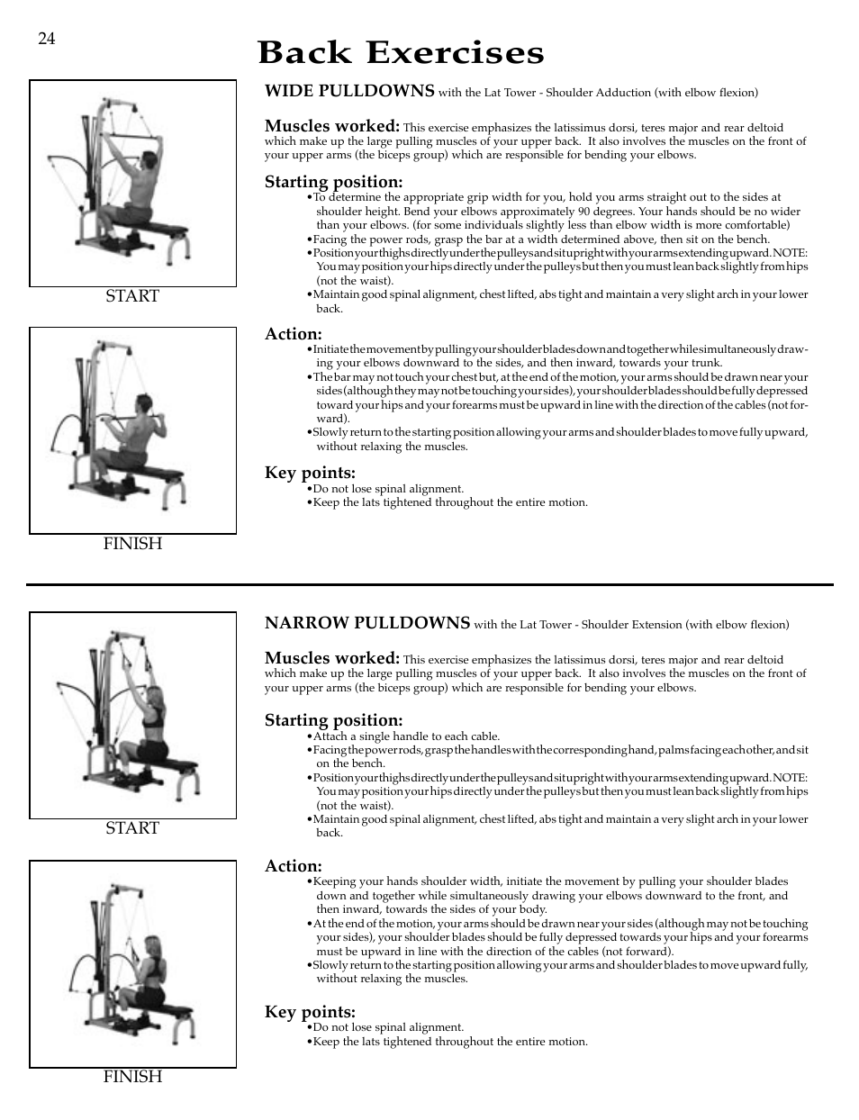 Back exercises, Wide pulldowns, Muscles worked | Starting position, Action, Key points, Narrow pulldowns, Finish start finish start 24 | Bowflex Motivator Strength Training System User Manual | Page 26 / 48
