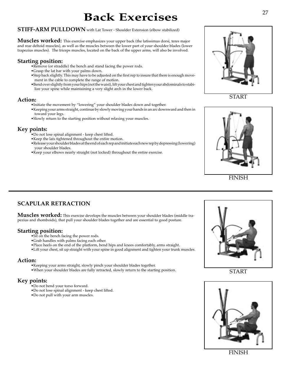 Back exercises, Stiff-arm pulldown, Muscles worked | Starting position, Action, Key points, Start | Bowflex Motivator Strength Training System User Manual | Page 29 / 48