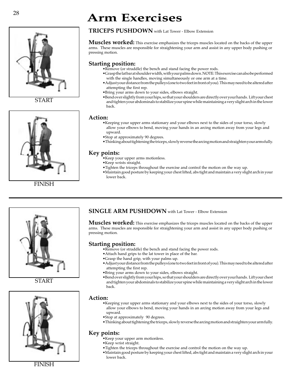 Arm exercises, Triceps pushdown, Muscles worked | Starting position, Action, Key points, Single arm pushdown, Finish start finish start | Bowflex Motivator Strength Training System User Manual | Page 30 / 48