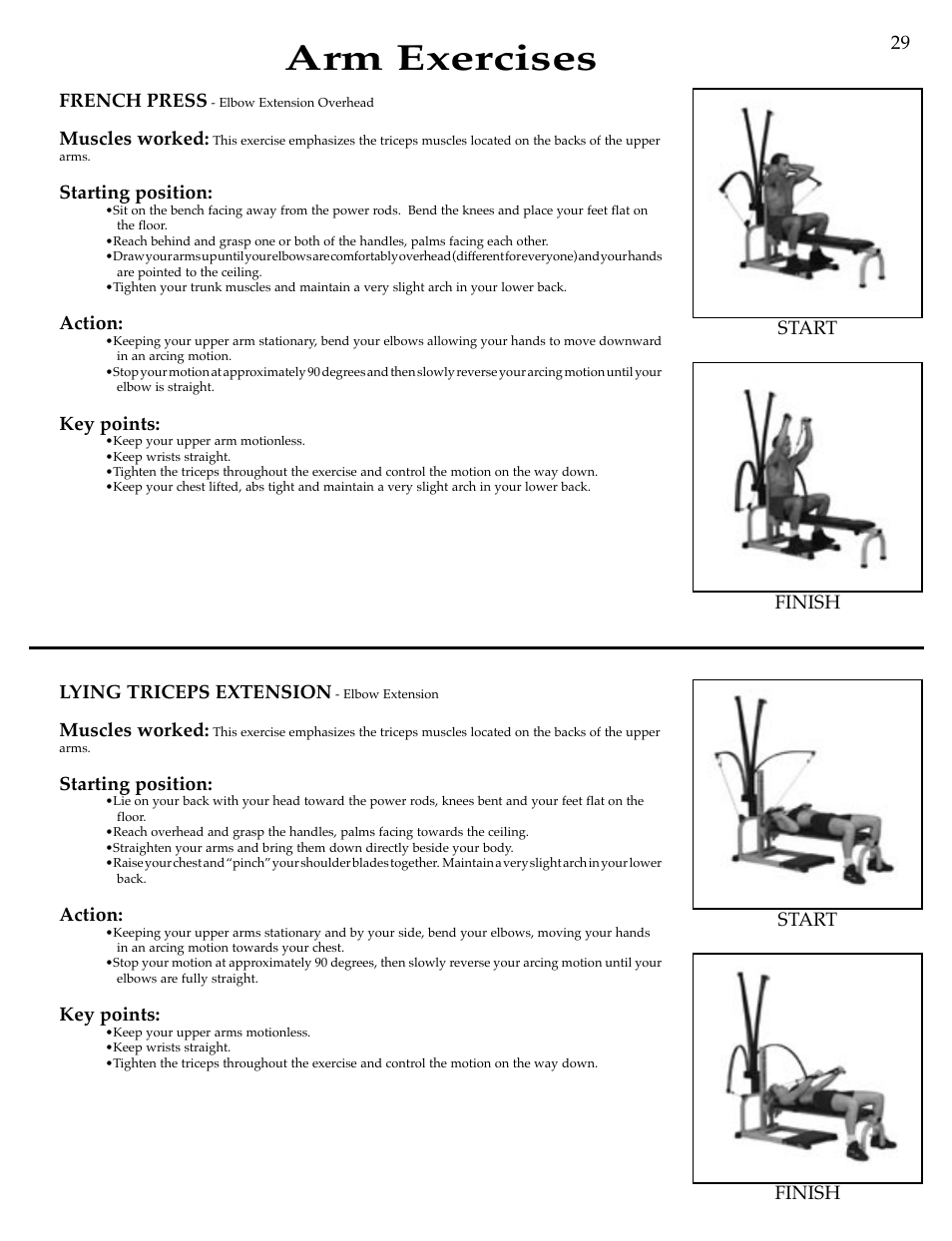 Arm exercises, Lying triceps extension, Muscles worked | Starting position, Action, Key points, French press, Finish start finish start 29 | Bowflex Motivator Strength Training System User Manual | Page 31 / 48