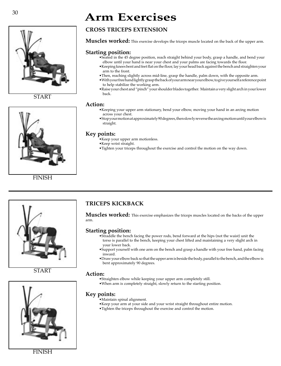 Arm exercises, Triceps kickback muscles worked, Starting position | Action, Key points | Bowflex Motivator Strength Training System User Manual | Page 32 / 48