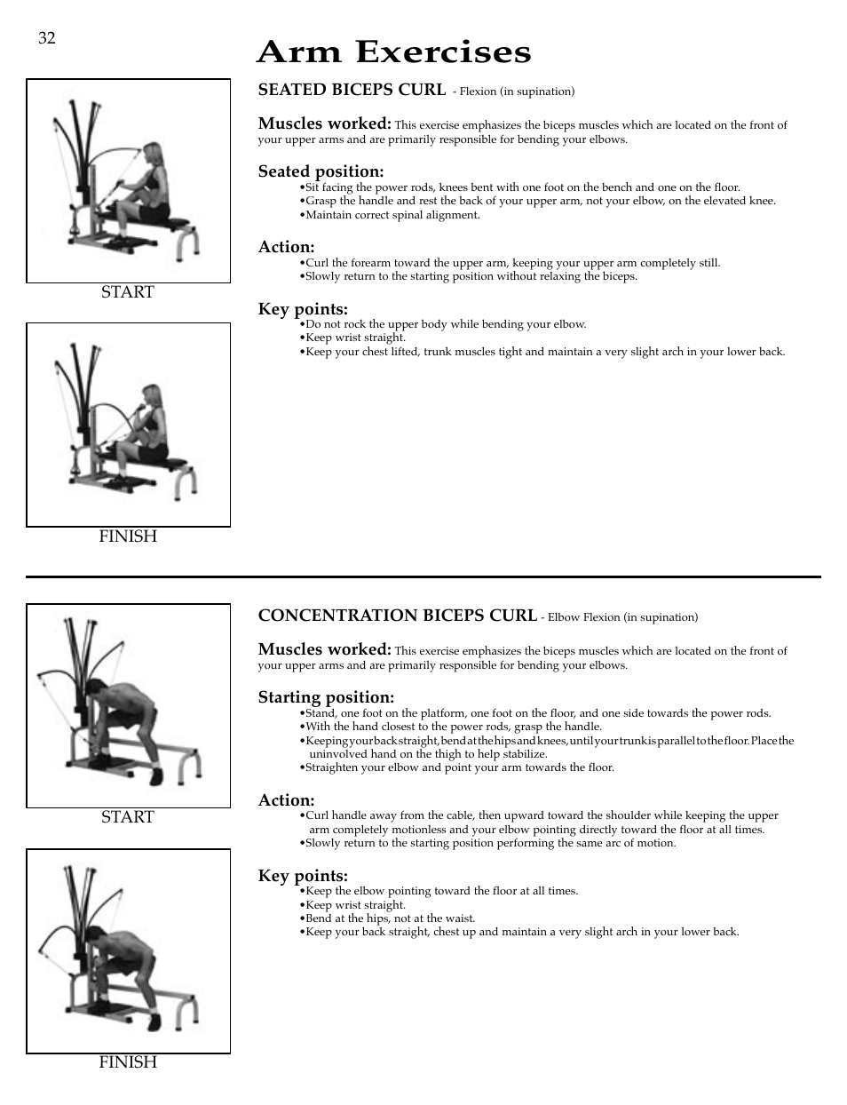 Arm exercises, Muscles worked, Starting position | Action, Key points, Seated biceps curl, Seated position | Bowflex Motivator Strength Training System User Manual | Page 34 / 48