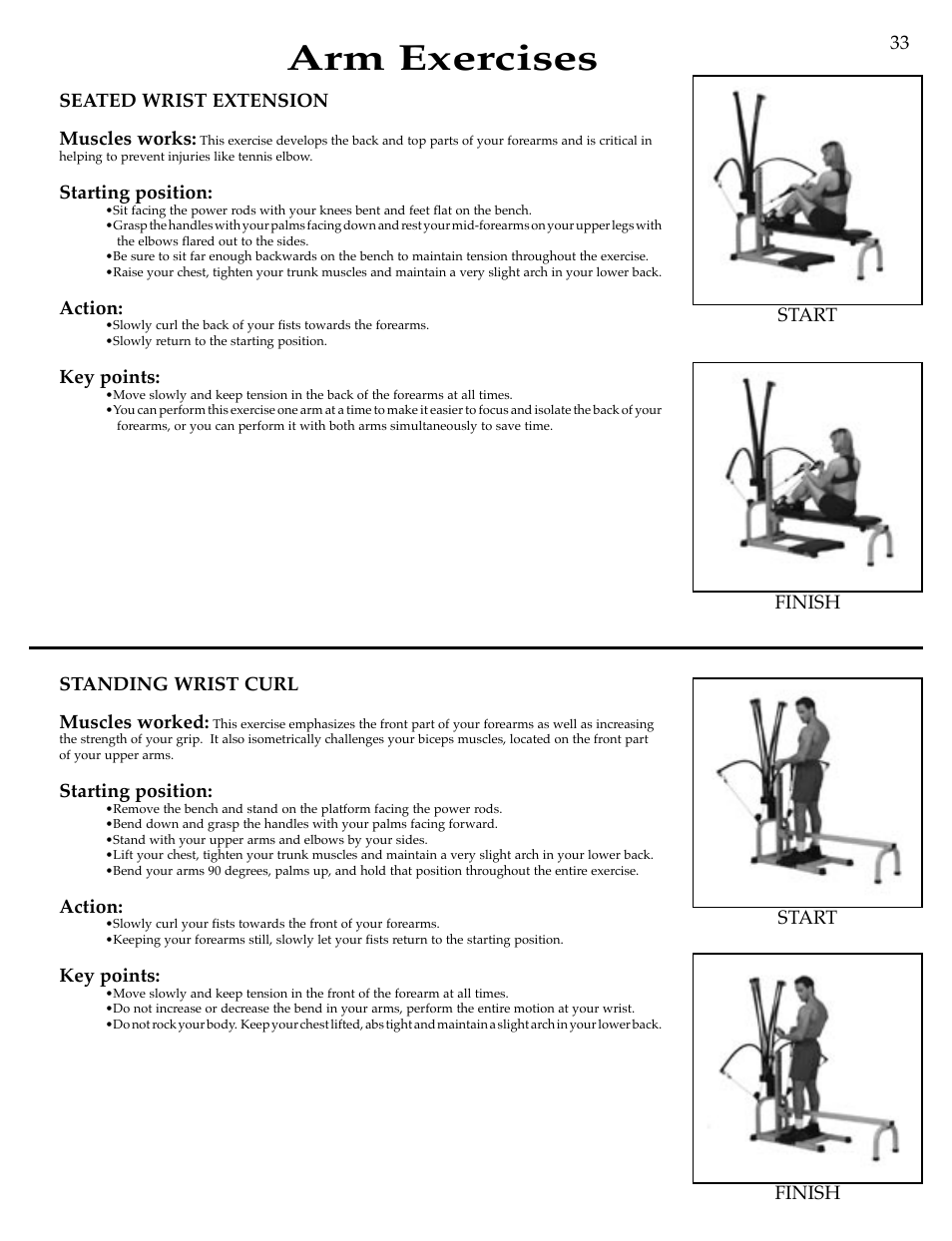 Arm exercises, Seated wrist extension muscles works, Starting position | Action, Key points, Standing wrist curl muscles worked, Finish start finish start 33 | Bowflex Motivator Strength Training System User Manual | Page 35 / 48