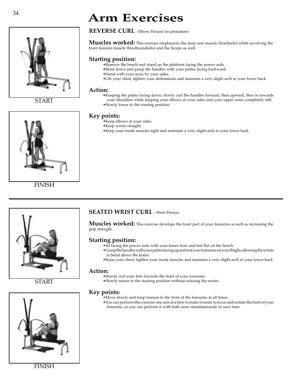 Arm exercises, Reverse curl, Muscles worked | Starting position, Action, Key points, Seated wrist curl, Finish start finish start 34 | Bowflex Motivator Strength Training System User Manual | Page 36 / 48