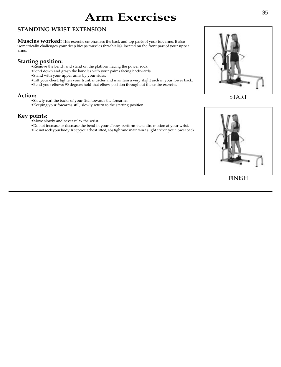 Arm exercises, Standing wrist extension muscles worked, Starting position | Action, Key points, Finish start 35 | Bowflex Motivator Strength Training System User Manual | Page 37 / 48